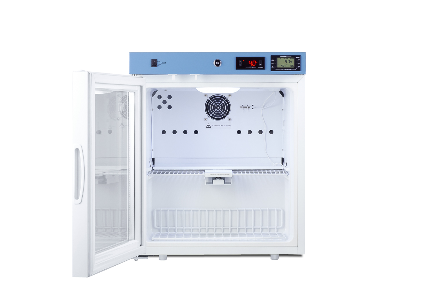 Compact healthcare all-refrigerator with self-closing glass door, front lock, digital controls, and external temperature readout
